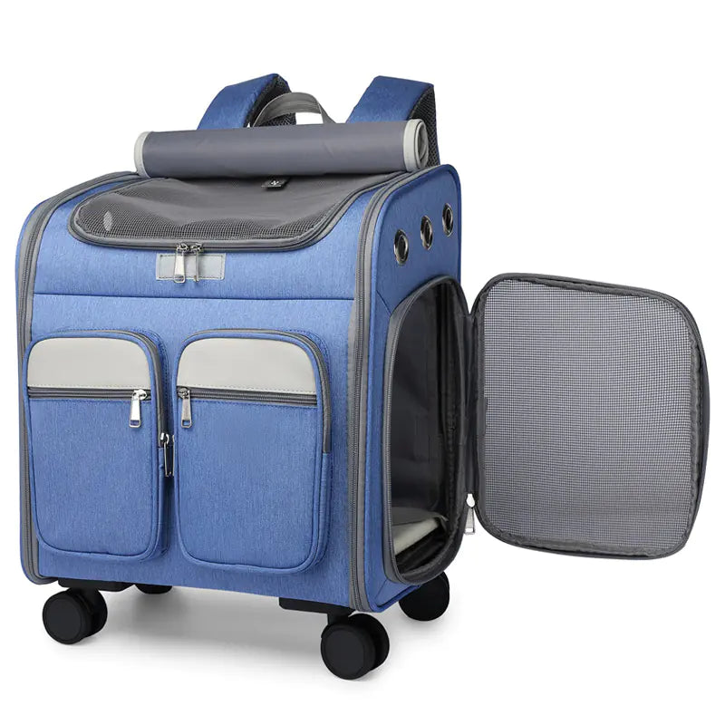 Large Capacity Foldable Pet Trolley Backpack with Wheels